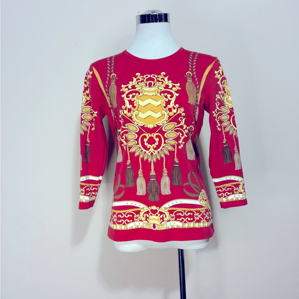 J. McLaughlin Red & Gold Baroque Tassel-Print Long Sleeve Top